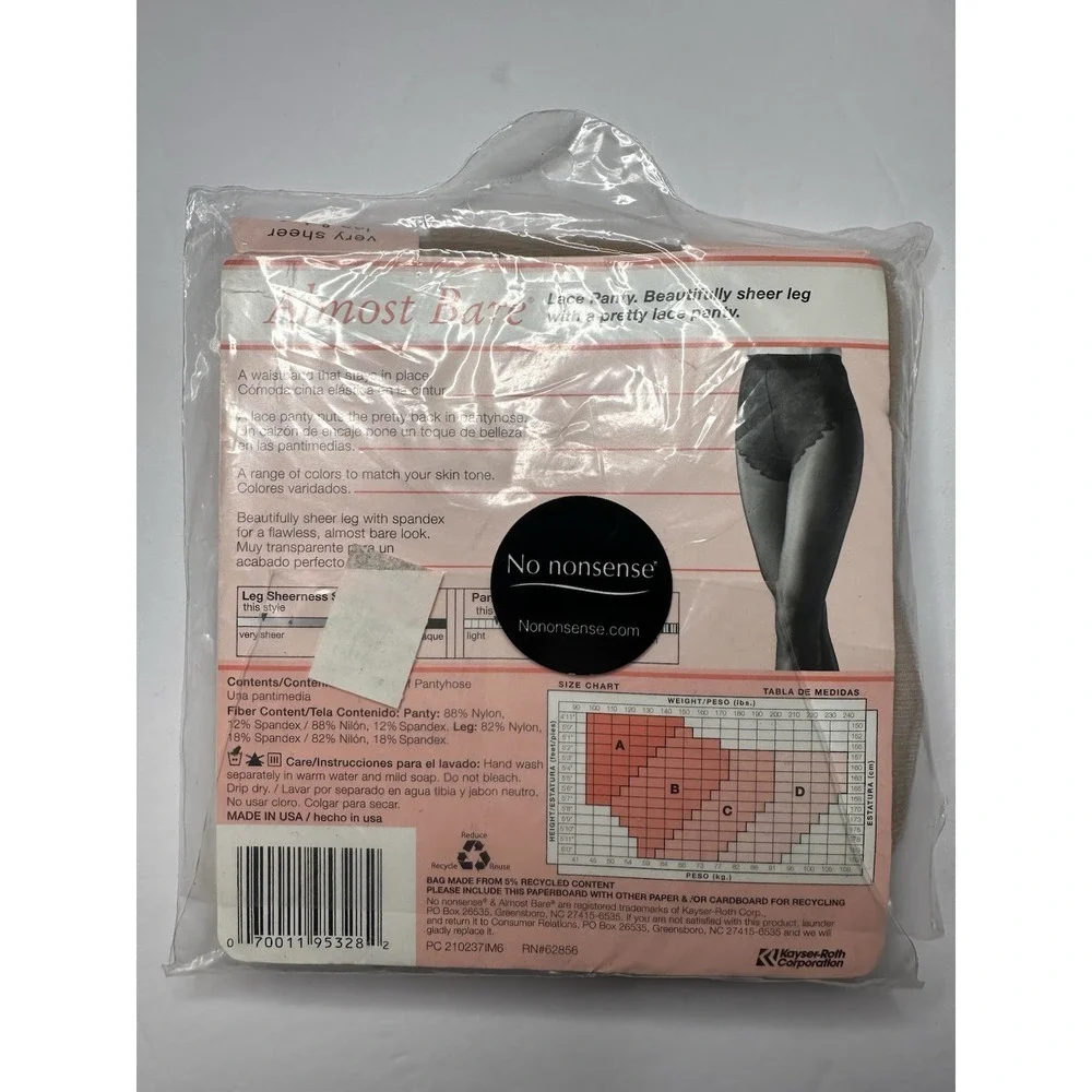 Vintage No Nonsense Almost Bare® very sheer pantyhose in Bare Bisque, Size B Med